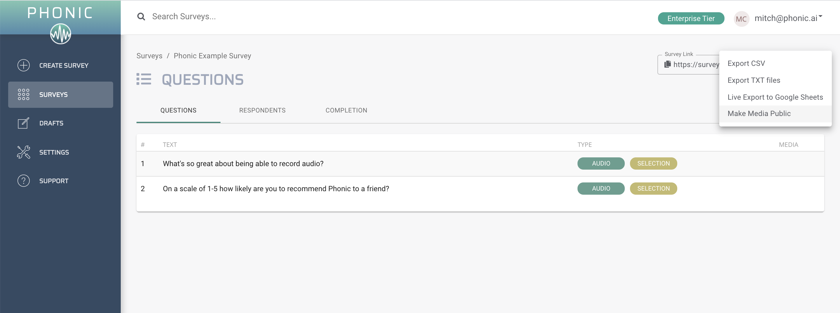 share and export survey screenshot