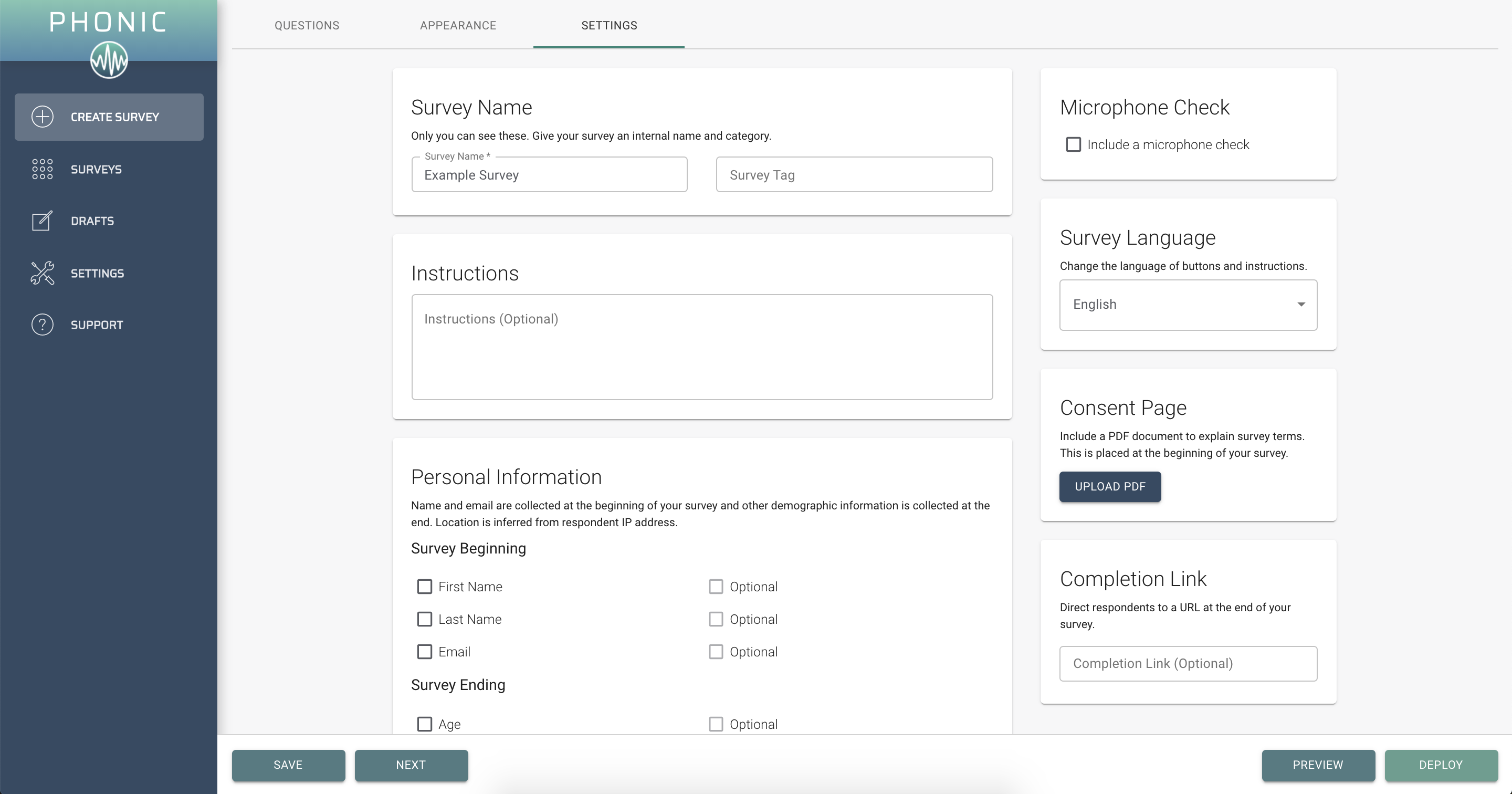 settings page screenshot